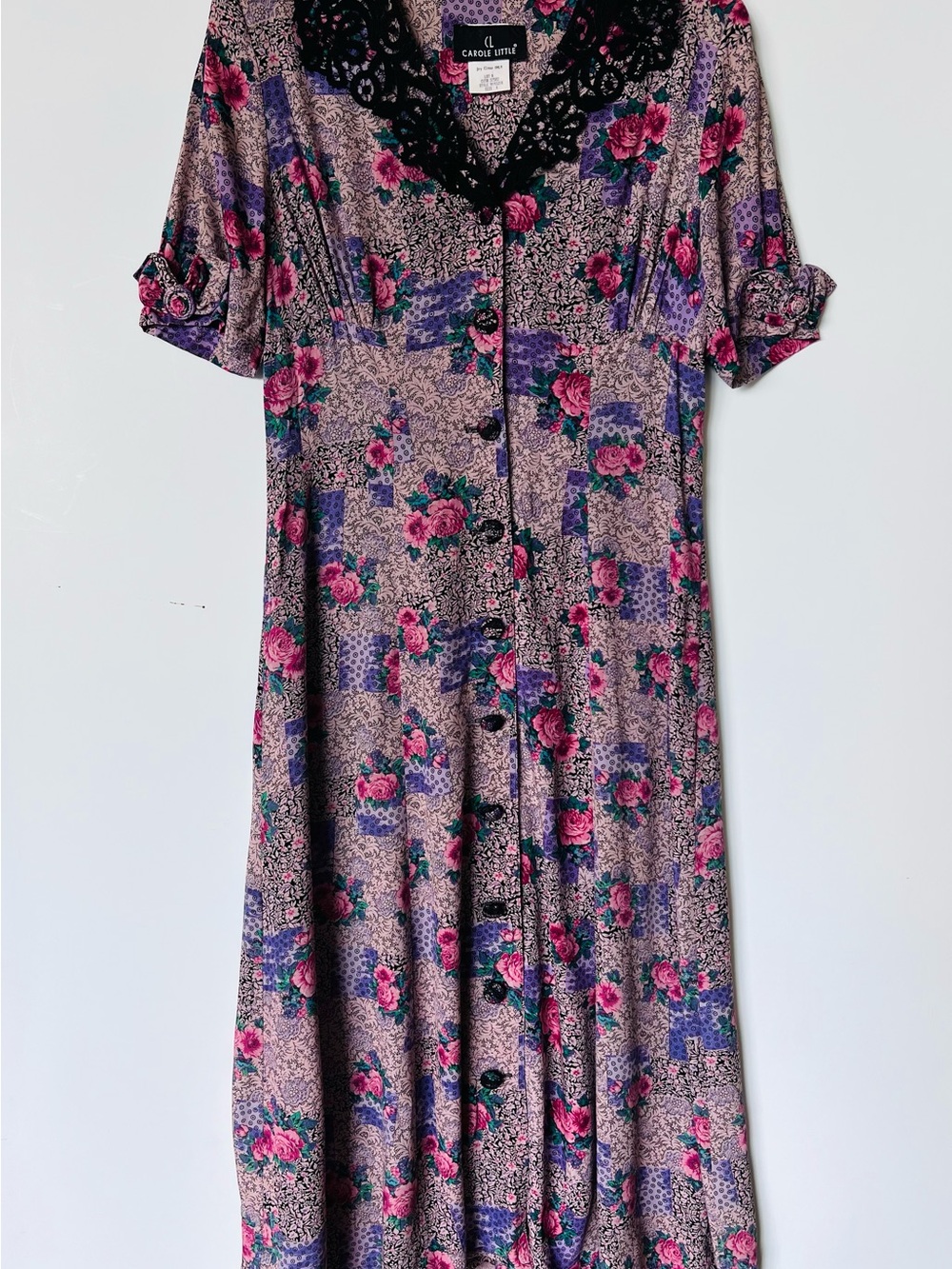 Carole Little Pink & Purple Floral Button-Front Dress with Black Lace Collar